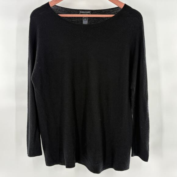 Eileen Fisher Boatneck Virgin Wool Sweater M Black Capsule Minimalist Ribbed - Picture 1 of 4